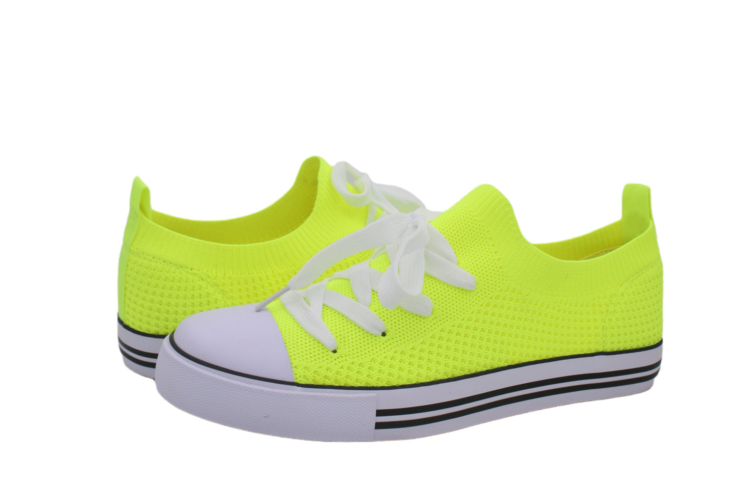 Women Toe Cap Knit Lace Up Sneakers - Neon Yellow