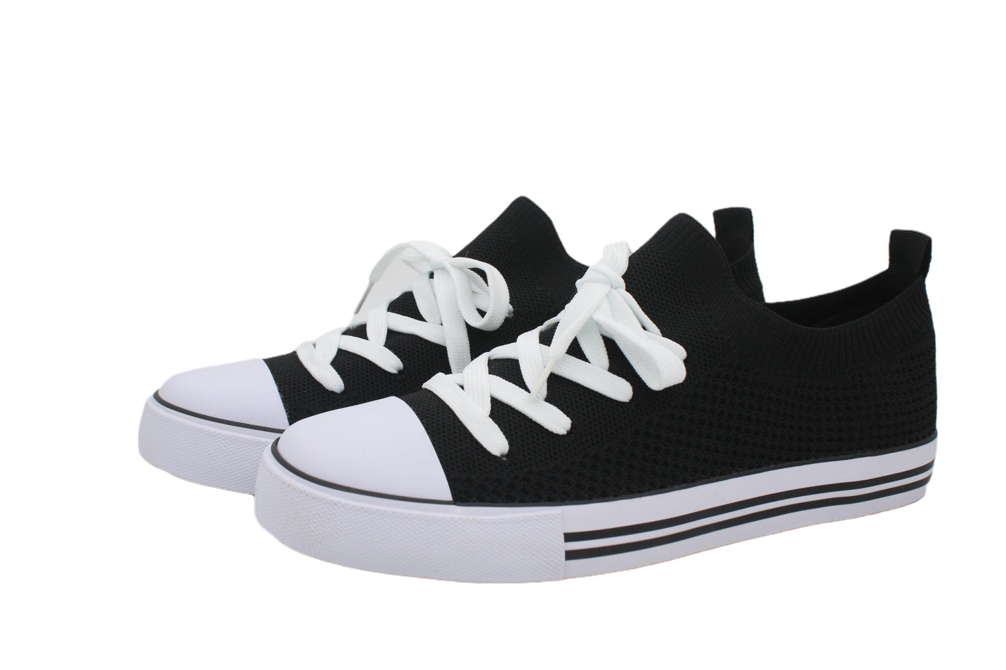 Women Toe Cap Knit Lace Up Sneakers - Black