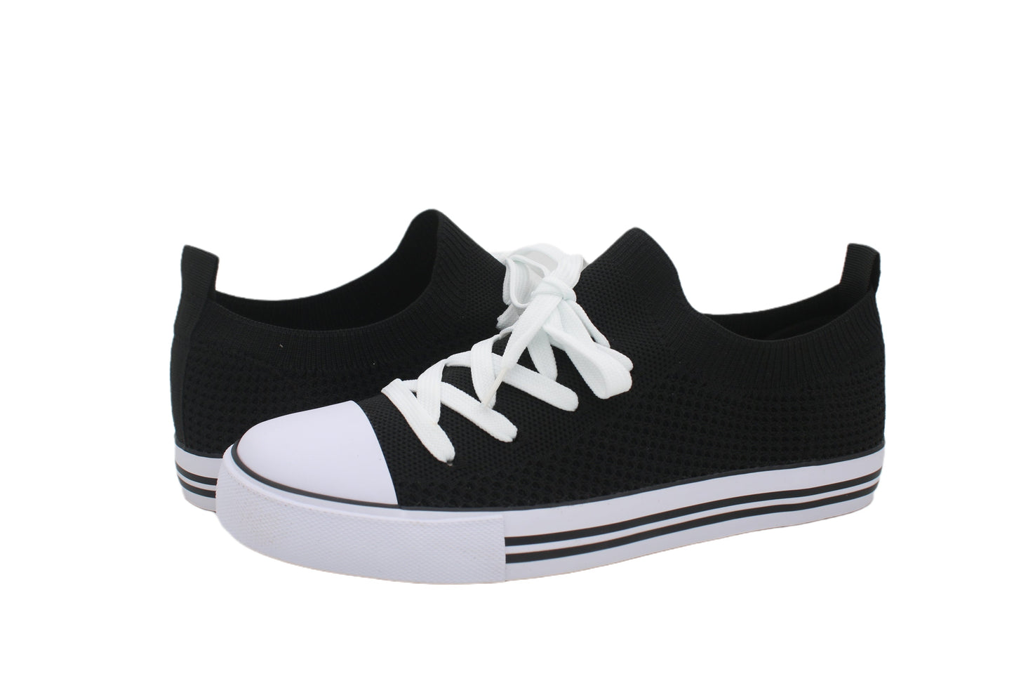 Women Toe Cap Knit Lace Up Sneakers - Black