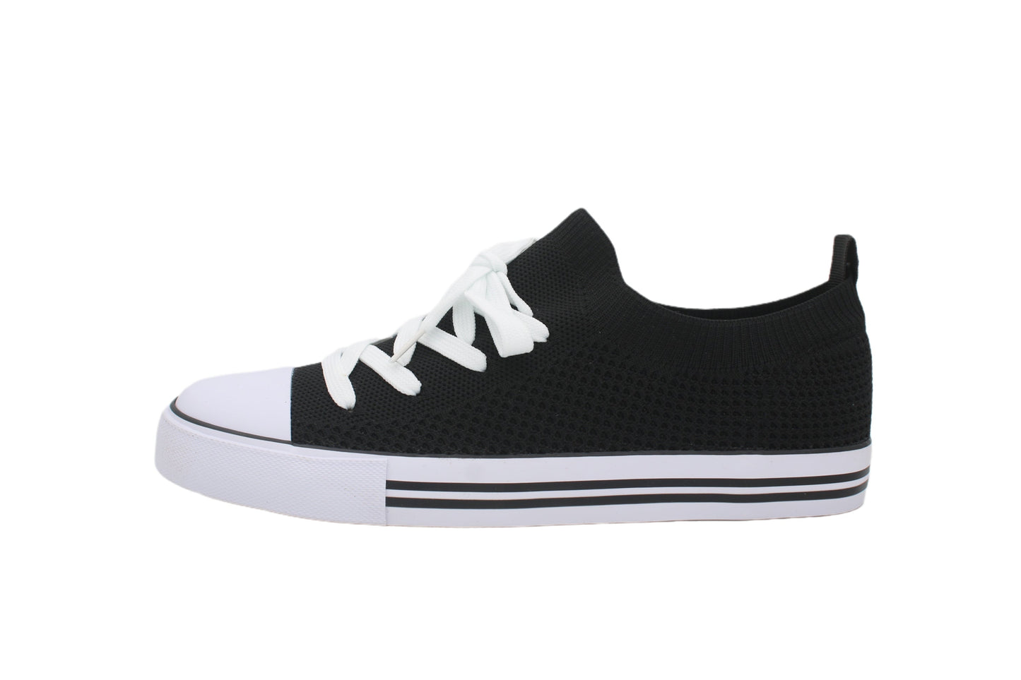 Women Toe Cap Knit Lace Up Sneakers - Black