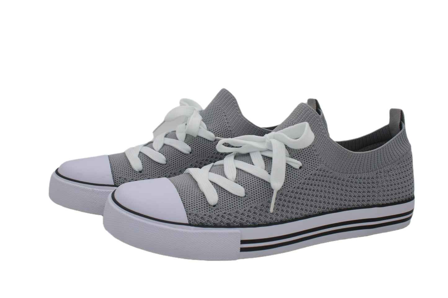 Women Toe Cap Knit Lace Up Sneakers - Grey