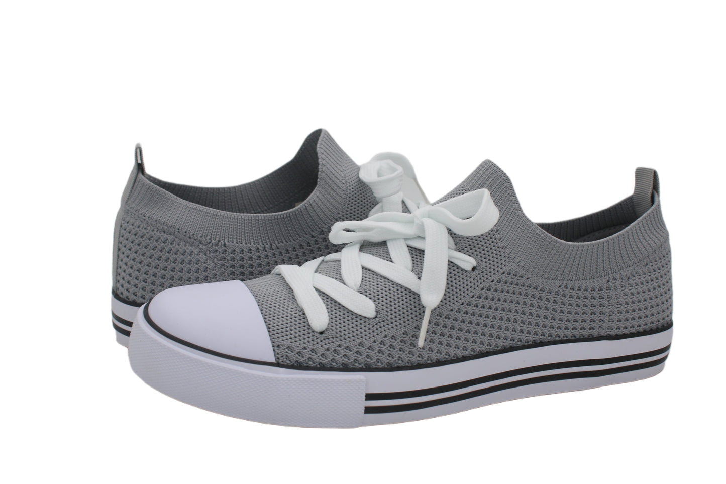 Women Toe Cap Knit Lace Up Sneakers - Grey