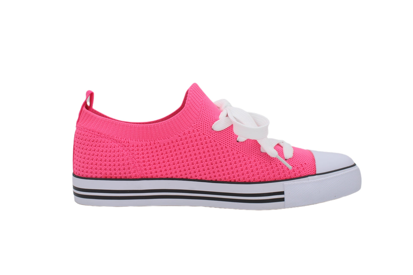 Women Toe Cap Knit Lace Up Sneakers - Neon Pink