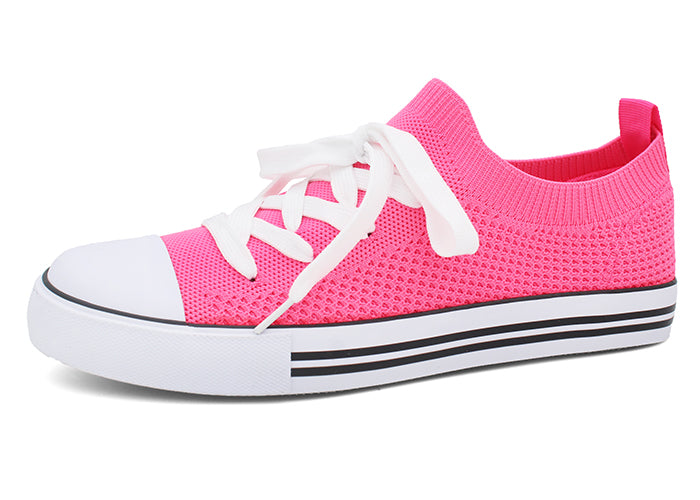 Women Toe Cap Knit Lace Up Sneakers - Neon Pink