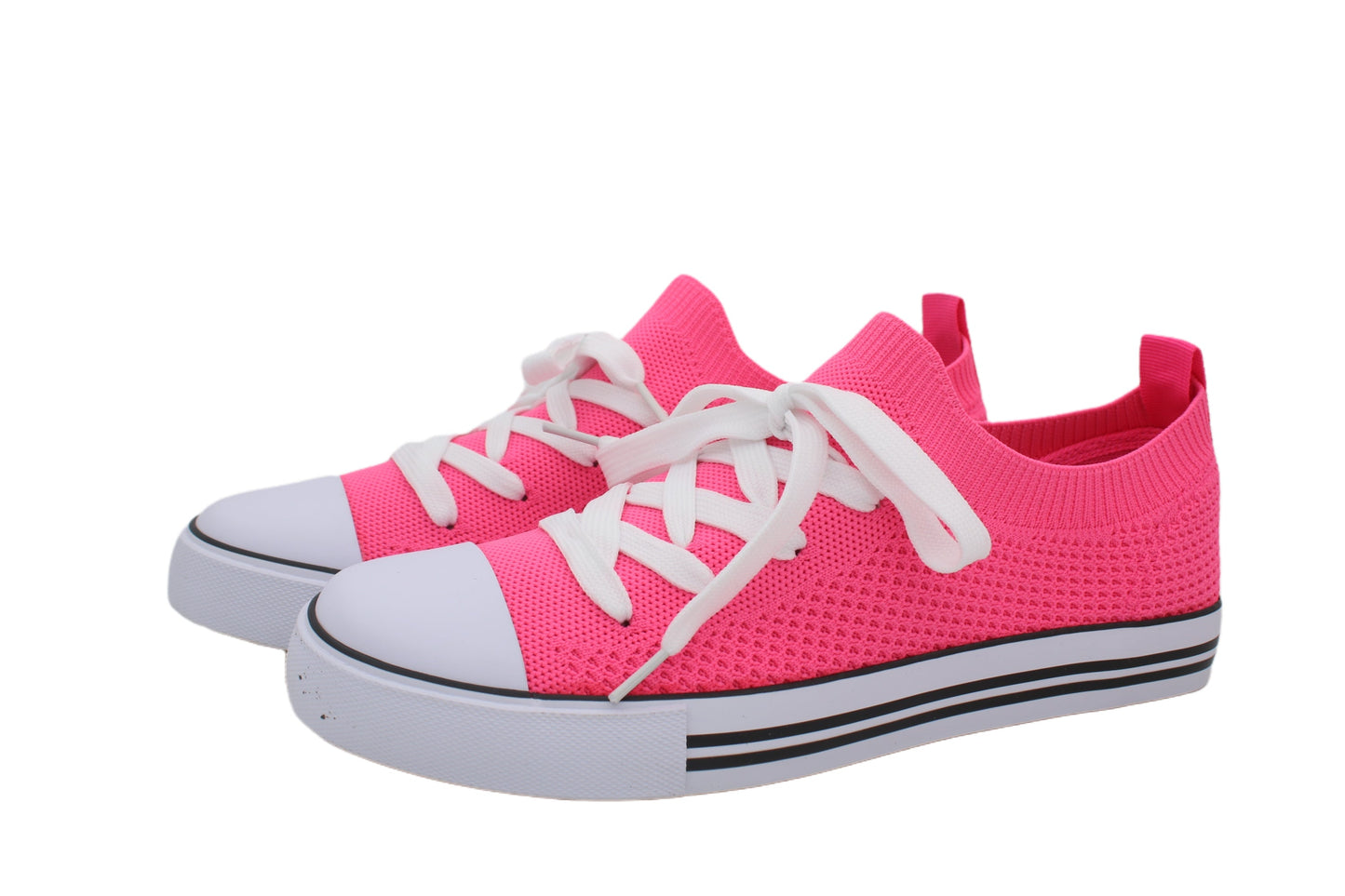 Women Toe Cap Knit Lace Up Sneakers - Neon Pink