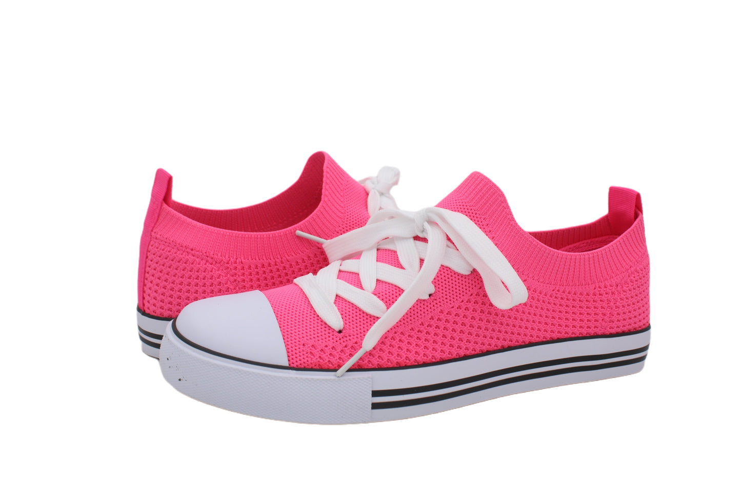 Women Toe Cap Knit Lace Up Sneakers - Neon Pink