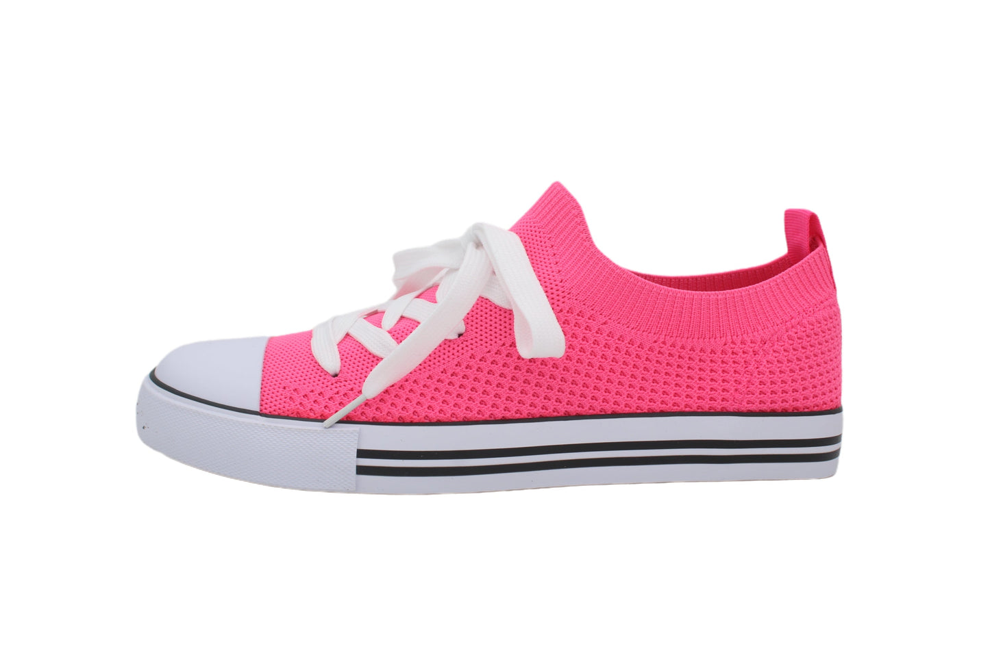 Women Toe Cap Knit Lace Up Sneakers - Neon Pink