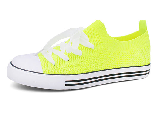 Women Toe Cap Knit Lace Up Sneakers - Neon Yellow