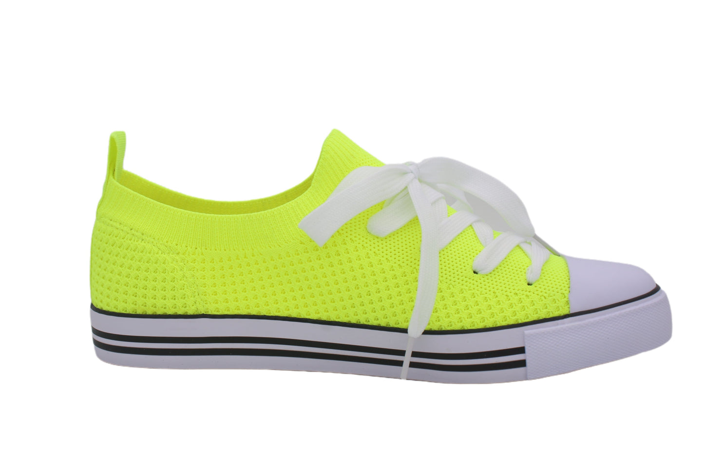 Women Toe Cap Knit Lace Up Sneakers - Neon Yellow