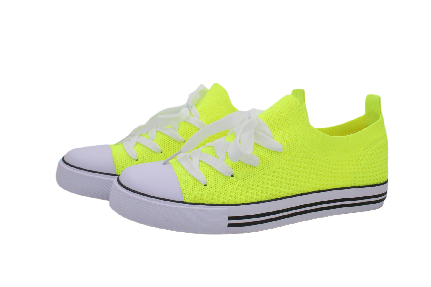 Women Toe Cap Knit Lace Up Sneakers - Neon Yellow