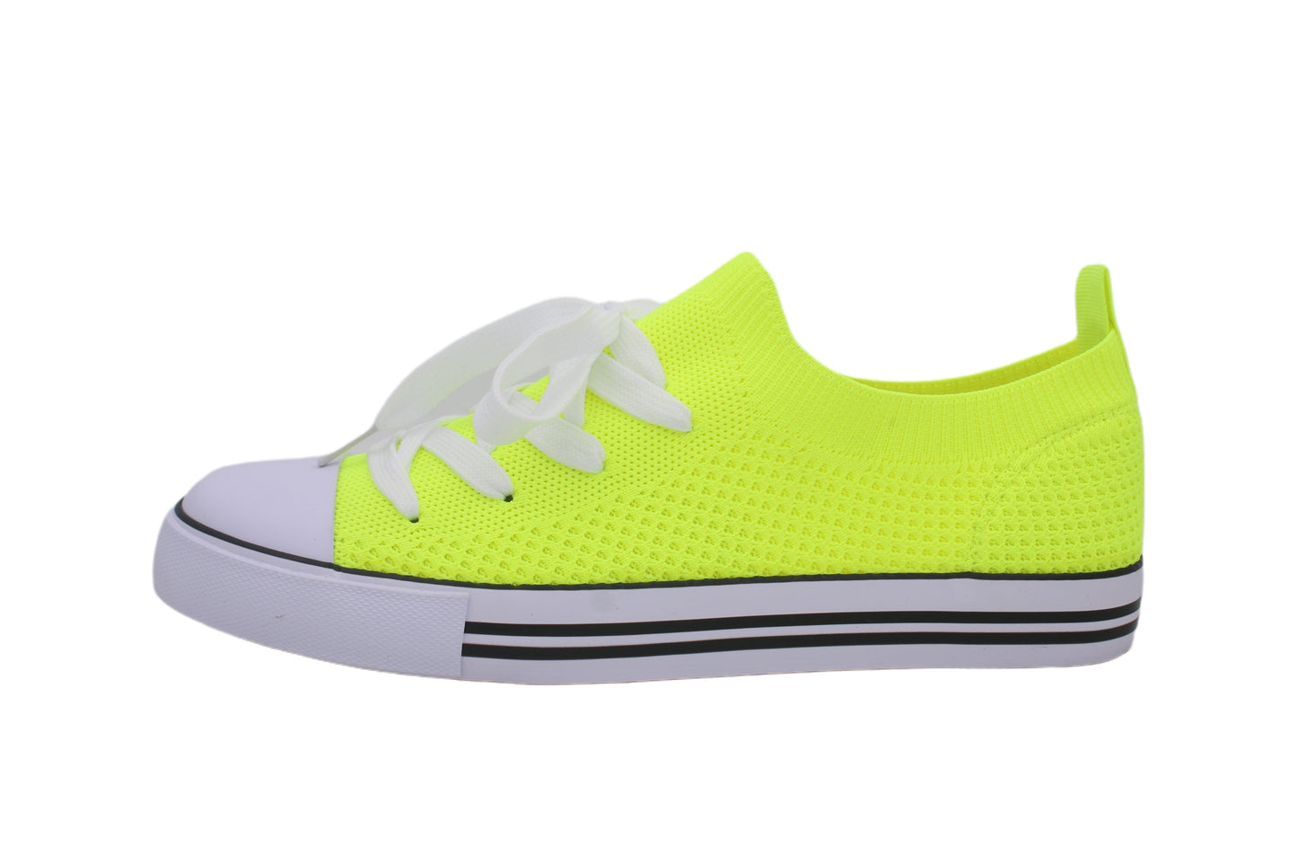 Women Toe Cap Knit Lace Up Sneakers - Neon Yellow