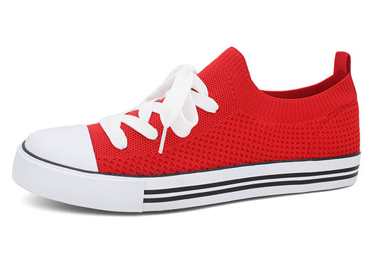 Women Toe Cap Knit Lace Up Sneakers - Red