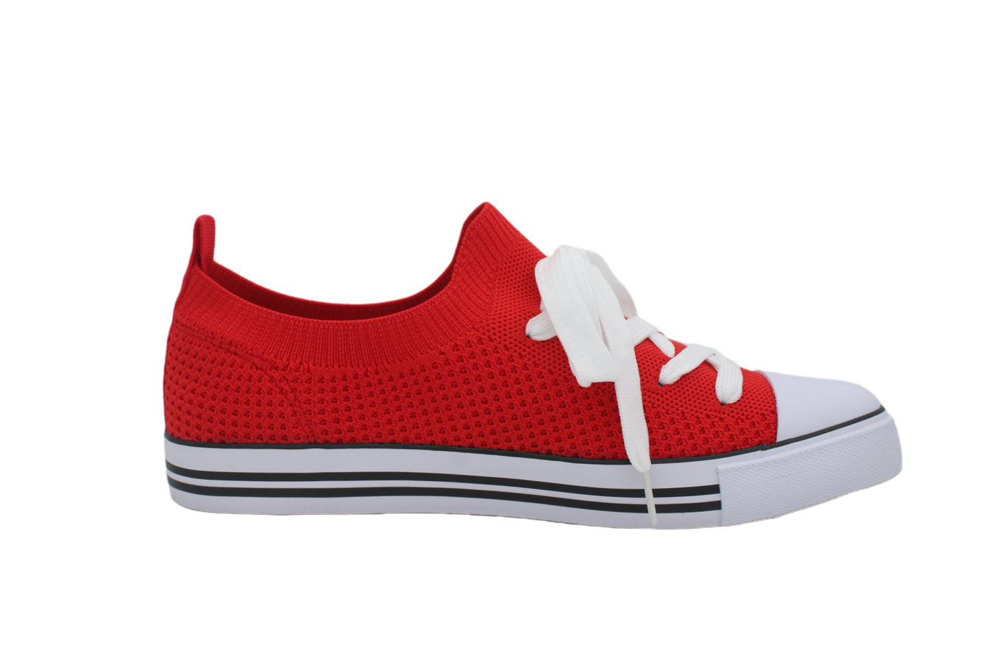 Women Toe Cap Knit Lace Up Sneakers - Red