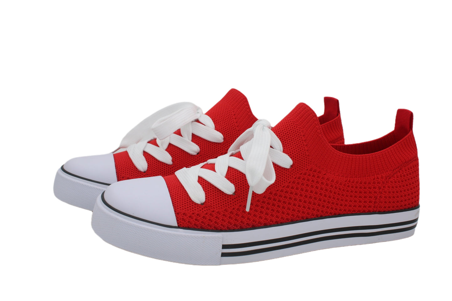 Women Toe Cap Knit Lace Up Sneakers - Red