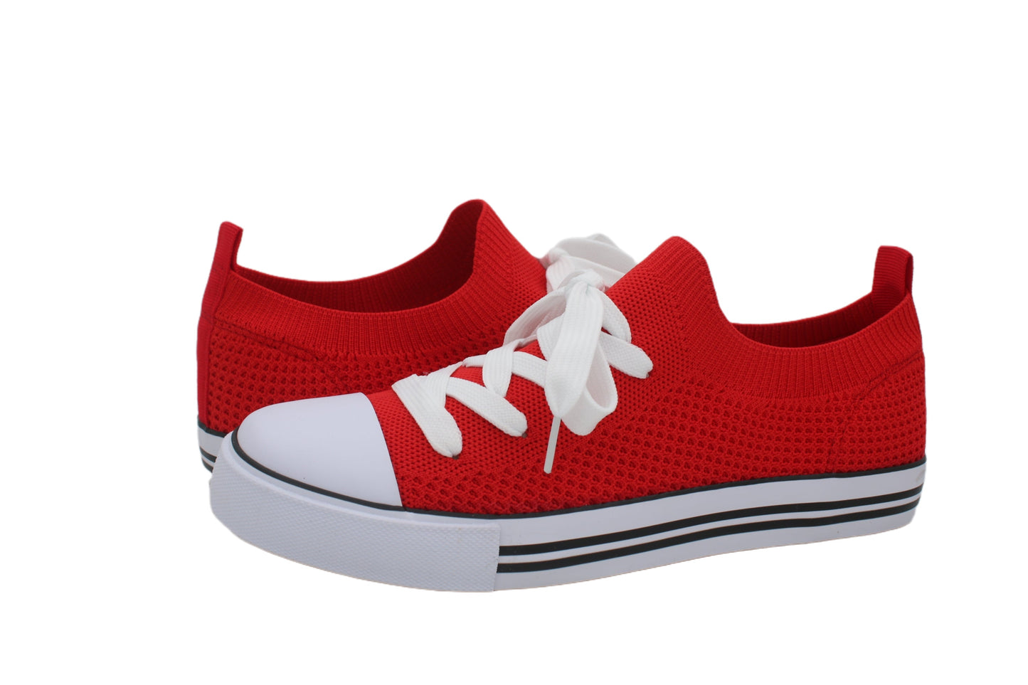 Women Toe Cap Knit Lace Up Sneakers - Red