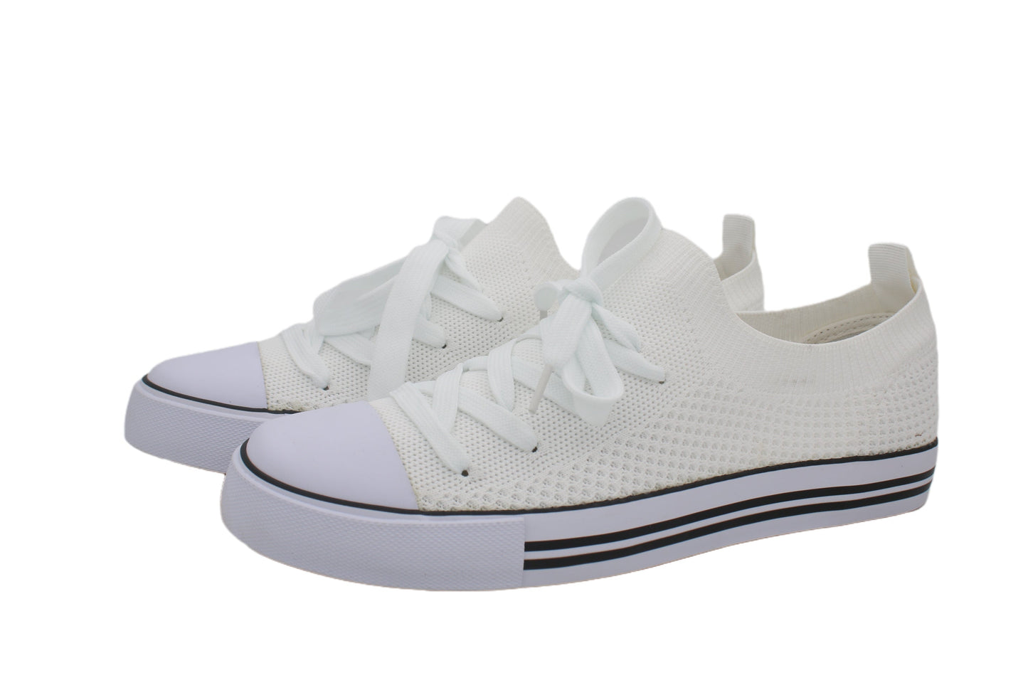 Women Toe Cap Knit Lace Up Sneakers - White