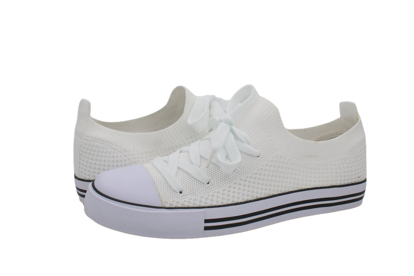 Women Toe Cap Knit Lace Up Sneakers - White